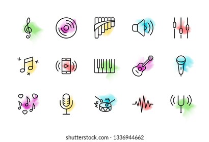 Set of Music Related Vector Line Icons. Contains such Icons as Pan Flute, Piano, Guitar, Treble Clef, In-ear and more. Editable Stroke. 32x32 Pixel Perfect