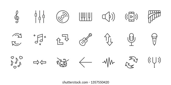Set of Music Related Vector Line Icons. Contains such Icons as Pan Flute, Piano, Guitar, Treble Clef, In-ear and more. Editable Stroke. 32x32 Pixel Perfect