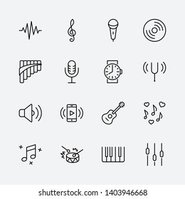 Set of Music Related Vector Line Icons. Contains such Icons as Pan Flute, Piano, Guitar, Treble Clef, In-ear and more. Editable Stroke. 32x32 Pixel Perfect