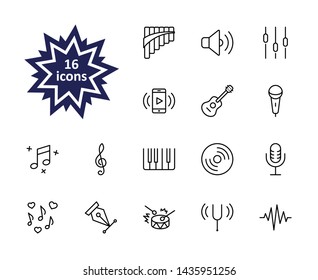 Set of Music Related Vector Line Icons. Contains such Icons as Pan Flute, Piano, Guitar, Treble Clef, In-ear and more. Editable Stroke. 32x32 Pixel Perfect