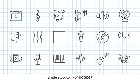 Set of Music Related Vector Line Icons. Contains such Icons as Pan Flute, Piano, Guitar, Treble Clef, In-ear and more. Editable Stroke. 32x32 Pixel Perfect