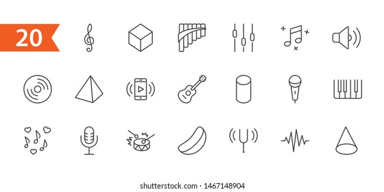 Set of Music Related Vector Line Icons. Contains such Icons as Pan Flute, Piano, Guitar, Treble Clef, In-ear and more. Editable Stroke. 32x32 Pixel Perfect