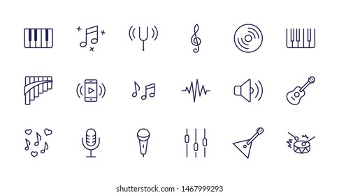 Set of Music Related Vector Line Icons. Contains such Icons as Pan Flute, Piano, Guitar, Treble Clef, In-ear and more. Editable Stroke. 32x32 Pixel Perfect
