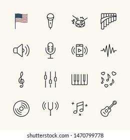 Set of Music Related Vector Line Icons. Contains such Icons as Pan Flute, Piano, Guitar, Treble Clef, In-ear and more. Editable Stroke. 32x32 Pixel Perfect