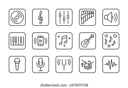 Set of Music Related Vector Line Icons. Contains such Icons as Pan Flute, Piano, Guitar, Treble Clef, In-ear and more. Editable Stroke. 32x32 Pixel Perfect