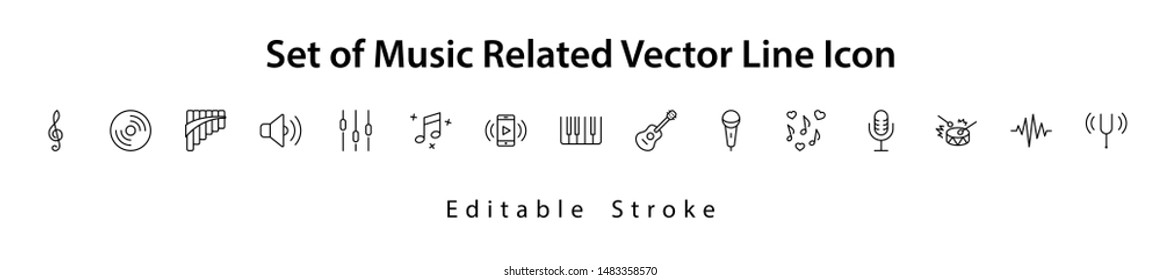 Set of Music Related Vector Line Icons. Contains such Icons as Pan Flute, Piano, Guitar, Treble Clef, In-ear and more. Editable Stroke. 32x32 Pixel Perfect