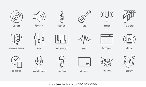 Set of Music Related Vector Line Icons. Contains such Icons as Pan Flute, Piano, Guitar, Treble Clef, In-ear and more. Editable Stroke. 32x32 Pixel Perfect