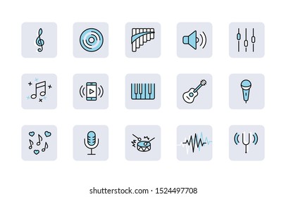 Set of Music Related Vector Line Icons. Contains such Icons as Pan Flute, Piano, Guitar, Treble Clef, In-ear and more. Editable Stroke. 32x32 Pixel Perfect