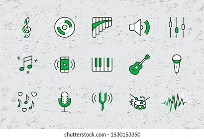 Set of Music Related Vector Line Icons. Contains such Icons as Pan Flute, Piano, Guitar, Treble Clef, In-ear and more. Editable Stroke. 32x32 Pixel Perfect