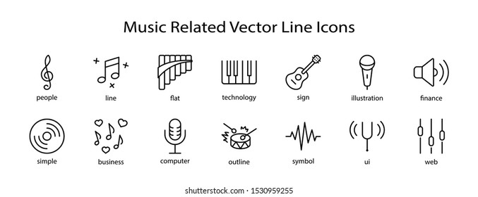 Set of Music Related Vector Line Icons. Contains such Icons as Pan Flute, Piano, Guitar, Treble Clef, In-ear and more. Editable Stroke. 32x32 Pixel Perfect