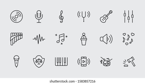 Set of Music Related Vector Line Icons. Contains such Icons as Pan Flute, Piano, Guitar, Treble Clef, In-ear and more. Editable Stroke. 32x32 Pixel Perfect