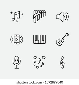Set of Music Related Vector Line Icons. Contains such Icons as Pan Flute, Piano, Guitar, Treble Clef, In-ear and more. Editable Stroke. 32x32 Pixel Perfect