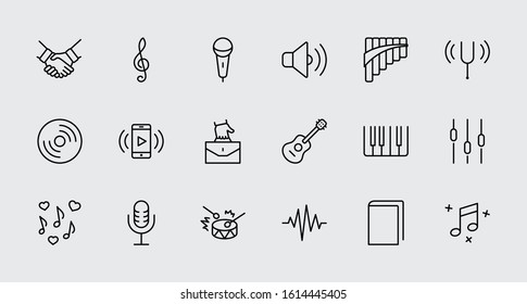 Set of Music Related Vector Line Icons. Contains such Icons as Pan Flute, Piano, Guitar, Treble Clef, In-ear and more. Editable Stroke. 32x32 Pixel Perfect