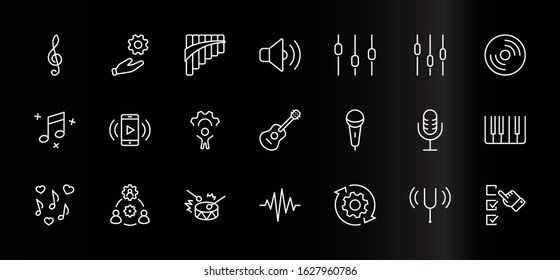 Set of Music Related Vector Line Icons. Contains such Icons as Pan Flute, Piano, Guitar, Treble Clef, In-ear and more. Editable Stroke. 32x32 Pixels