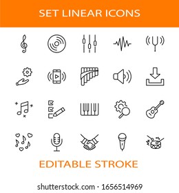 Set of Music Related Vector Line Icons. Contains such Icons as Pan Flute, Piano, Guitar, Treble Clef, In-ear and more. Editable Stroke. 32x32 Pixels