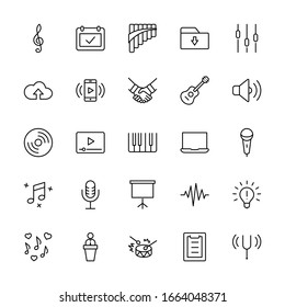 Set of Music Related Vector Line Icons. Contains such Icons as Pan Flute, Piano, Guitar, Treble Clef, In-ear and more. Editable Stroke. 32x32 Pixels