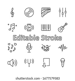 Juego de iconos de línea vectoriales relacionados con la música. Contiene íconos como Pan Flute, Piano, Guitarra, Treble Clef, In-ear y más. Trazo editable. 32 x 32 píxeles