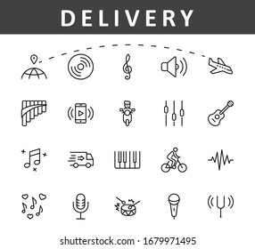 Set of Music Related Vector Line Icons. Contains such Icons as Pan Flute, Piano, Guitar, Treble Clef, In-ear and more. Editable Stroke. 32x32 Pixels