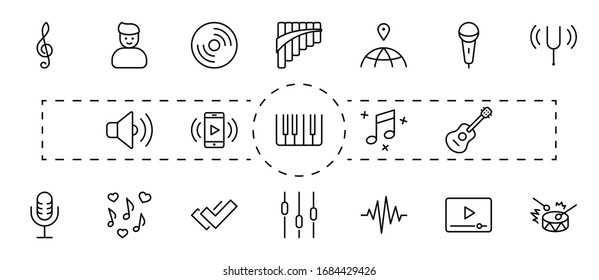 Set of Music Related Vector Line Icons. Contains such Icons as Pan Flute, Piano, Guitar, Treble Clef, In-ear and more. Editable Stroke. 32x32 Pixels