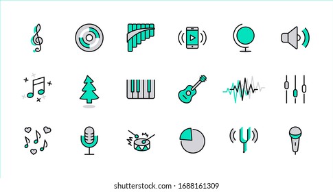 Set of Music Related Vector Line Icons. Contains such Icons as Pan Flute, Piano, Guitar, Treble Clef, In-ear and more. Editable Stroke. 32x32 Pixel Perfect