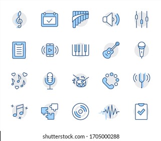 Set of Music Related Vector Line Icons. Contains such Icons as Pan Flute, Piano, Guitar, Treble Clef, In-ear and more. Editable Stroke. 32x32 Pixel Perfect
