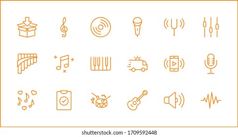 Set of Music Related Vector Line Icons. Contains such Icons as Pan Flute, Piano, Guitar, Treble Clef, In-ear and more. Editable Stroke. 32x32 Pixels