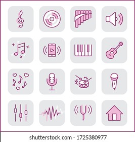 Set of Music Related Vector Line Icons. Contains such Icons as Pan Flute, Piano, Guitar, Treble Clef, In-ear and more. Editable Stroke. 32x32 Pixel Perfect