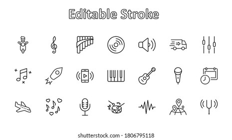 Set of Music Related Vector Line Icons. Contains such Icons as Pan Flute, Piano, Guitar, Treble Clef, In-ear and more. Editable Stroke. 32x32 Pixels