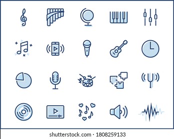 Set of Music Related Vector Line Icons. Contains such Icons as Pan Flute, Piano, Guitar, Treble Clef, In-ear and more. Editable Stroke. 32x32 Pixel Perfect