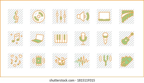 Set of Music Related Vector Line Icons. Contains such Icons as Pan Flute, Piano, Guitar, Treble Clef, In-ear and more. Editable Stroke. Pixel Perfect