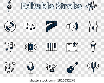 Set of Music Related Vector Line Icons. Contains such Icons as Pan Flute, Piano, Guitar, Treble Clef, In-ear and more. Editable Stroke. 32x32 Pixel Perfect