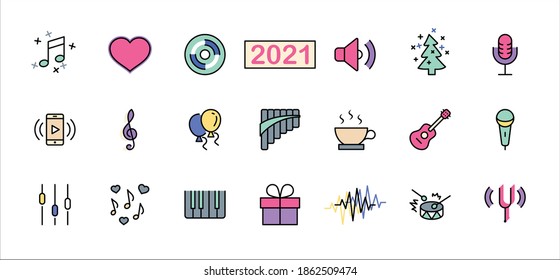 Set of Music Related Vector Line Icons. Contains such Icons as Pan Flute, Piano, Guitar, Treble Clef, In-ear and more. Editable Stroke. 32x32 Pixel Perfect