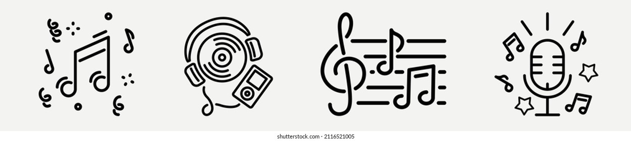 Set of music related vector line icons | Music notes, musical design element, recorder and karaoke vector illustration.