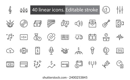 Conjunto de iconos de línea vectorial relacionados con la música. Contiene íconos como Pan Flute, Piano, Guitarra, Treble Clef, In-ear y más. Stroke editable. 32x32 píxeles