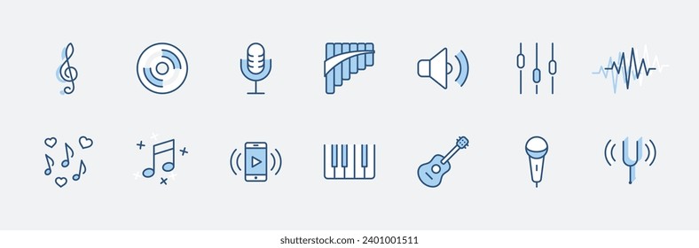 Set of Music Related Vector Line Icons. Contains such Icons as Pan Flute, Piano, Guitar, Treble Clef, In-ear and more. Editable Stroke. 32x32 Pixel Perfect