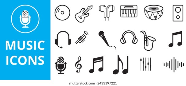 Conjunto de iconos de línea de vectores relacionados con la música. Conjunto de iconos de música e instrumentos. Ilustración vectorial de instrumento musical con línea de trazo. Música y sonido Conjunto de iconos. 