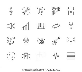 Set of Music Related Vector Line Icons. Contains such Icons as Pan Flute, Piano, Guitar, Treble Clef, In-ear and more. Editable Stroke. 32x32 Pixel Perfect