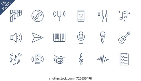 Set of Music Related Vector Line Icons. Contains such Icons as Pan Flute, Piano, Guitar, Treble Clef, In-ear and more. Editable Stroke. 32x32 Pixel Perfect