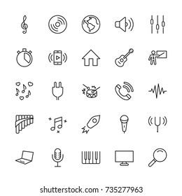 Set of Music Related Vector Line Icons. Contains such Icons as Pan Flute, Piano, Guitar, Treble Clef, In-ear and more. Editable Stroke. 32x32 Pixel Perfect