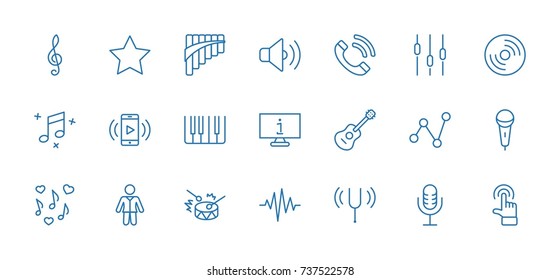 Set of Music Related Vector Line Icons. Contains such Icons as Pan Flute, Piano, Guitar, Treble Clef, In-ear and more. Editable Stroke. 32x32 Pixel Perfect