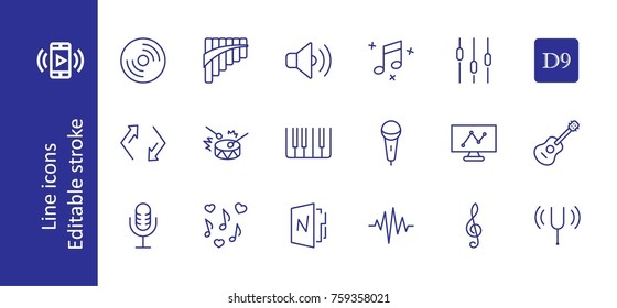 Set of Music Related Vector Line Icons. Contains such Icons as Pan Flute, Piano, Guitar, Treble Clef, In-ear and more. Editable Stroke. 32x32 Pixel Perfect