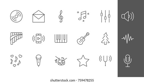 Set of Music Related Vector Line Icons. Contains such Icons as Pan Flute, Piano, Guitar, Treble Clef, In-ear and more. Editable Stroke. 32x32 Pixel Perfect