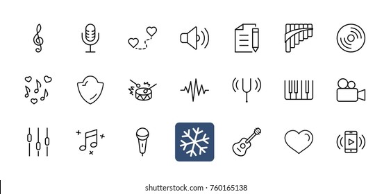 Set of Music Related Vector Line Icons. Contains such Icons as Pan Flute, Piano, Guitar, Treble Clef, In-ear and more. Editable Stroke. 32x32 Pixel Perfect