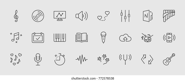Set of Music Related Vector Line Icons. Contains such Icons as Pan Flute, Piano, Guitar, Treble Clef, In-ear and more. Editable Stroke. 32x32 Pixel Perfect