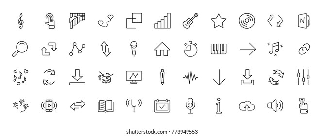 Set of Music Related Vector Line Icons. Contains such Icons as Pan Flute, Piano, Guitar, Treble Clef, In-ear and more. Editable Stroke. 32x32 Pixel Perfect