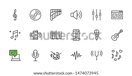 Set of Music Related Vector Line Icons. Contains such Icons as Pan Flute, Piano, Guitar, Treble Clef, In-ear and more. Editable Stroke. 32x32 Pixel Perfect