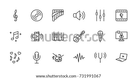 Set of Music Related Vector Line Icons. Contains such Icons as Pan Flute, Piano, Guitar, Treble Clef, In-ear and more. Editable Stroke. 32x32 Pixel Perfect