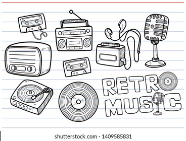 set of music retro in doodle style for decoration.