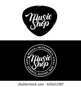 Set of Music Shop hand written lettering logos, labels, badges, emblems. Vintage retro style. Isolated on white background. Vector illustration.