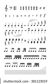 Set of music signs and note stave isolated on white